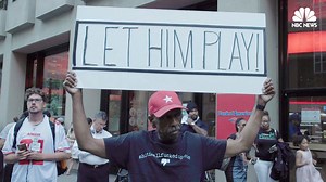 Hundreds of New Yorkers rallied at NFL headquarters in support of Colin Kaepernick — the quarterback who drew controversy for kneeling during the national anthem. Read more: http://nbcnews.to/2w5KBDR | NBC News