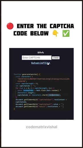 Generate CAPTCHA Code in JavaScript using Random Function | JS Logic Short #javascript
