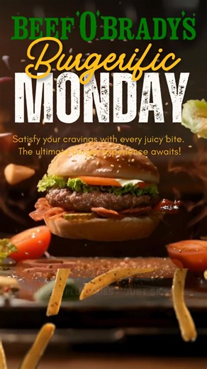 🍔 It’s Burgerific Monday! 🍔 Your custom-built burger fries just $8.99 🙌 Available ALL Monday, EVERY Monday! No excuses. No gimmicks. Just a seriously good burger deal. | Beef O' Bradys Bayside Lakes