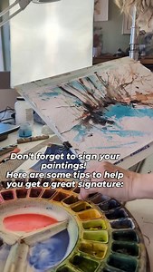 Here are some tips on how to sign your watercolor paintings! 1. Give yourself a margin of at least half an inch from the edge of the paper. This will keep your signature from being hidden by your framing. 2. Use a dark color of paint in a color that matches what's in the painting, and your smallest fine pointed brush. Or you can be one of those macho dude artists and sign everything in red. 3. Use an inky consistency of paint. Too wet and the signature will dry pale and the letters will run toge
