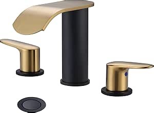 WOWOW Waterfall Bathroom Faucet 3 Holes 8Inch Widespread Bathroom Sink Faucet, Two Handles Lavatory Vanity Sink Faucets with Pop-up Drain & Supply Hoses, Modern Faucet Mixer Taps Black and Gold