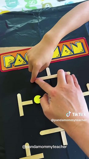 Cardboard Box Pac-Man Game 💫Save this for a fun craft for kids! Grab a cardboard box and build a Pac-Man game. Add magnets and a magnetic wand to “play” the game by moving the game pieces around. Supplies Needed: * Cardboard Box * Black paint or black construction paper * Popsicle sticks – we cut them with scissors. * Scissors * White Markers (we used chalk marker) * Hot glue * Magnets * Magnet wand * A utility knife (for an adult use only!) Tips: Use the bottom of the cardboard box as it is fl