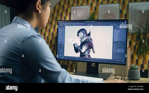 Female 3D designer creating and drawing character for video game using computer while sitting at the table at home office and doing distant work. 3D modeling Stock Photo - Alamy