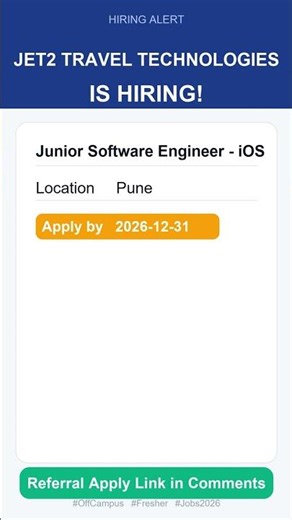 Jet2 Travel Technologies | Junior Software Engineer - iOS | Off Campus 2026 | Apply Now | Pune