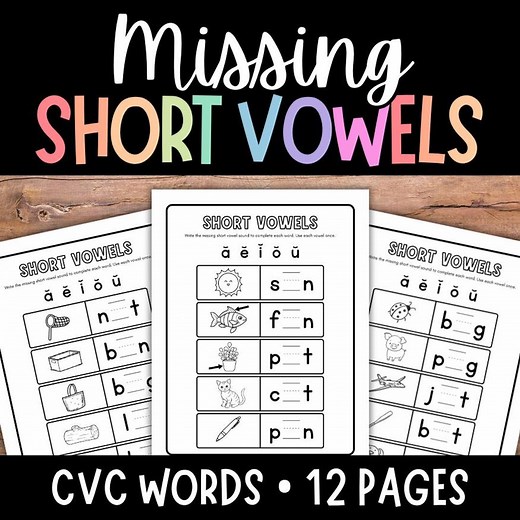 Missing Vowel Worksheets, Vowel Sounds, CVC Words, Short Vowels Activity, Homeschool, Preschool, Kindergarten, First Grade, Second Grade - Etsy