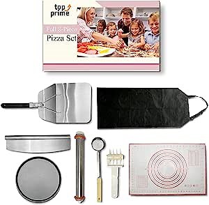 Pizza Making Kit for Adults (8 Pc Set) - Pizza Oven Accessories with Metal Pizza Peel, Pizza Pan, Cutter Rocker, Adjustable Roller Pin, Dough Docker, Spoodle Tool, Apron & Silicone Dough Mat