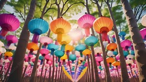 Colorful paper lanterns strung between trees create a festive atmosphere at a lantern festival. The sun shines through, casting warm light on the scene.