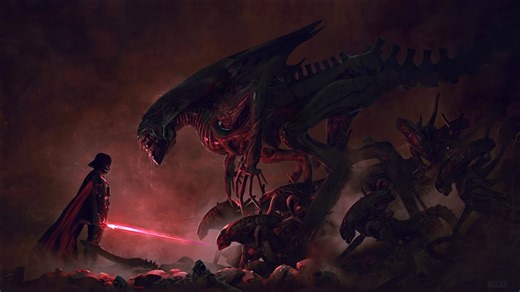 Darth Vader Facing Alien Creatures in Sci-Fi 4K Rare Gallery wallpaper