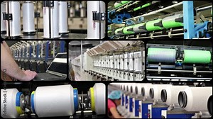 Textile Industry - Multiscreen Video Montage. Production Manager Overseeing Yarn Manufacturing Machines. Automated Production in Textile Mill. Spinning Spools With Threads at Textile Factory.
