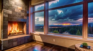 Anime Room with a Crackling Fireplace and Clouds Passing Outside