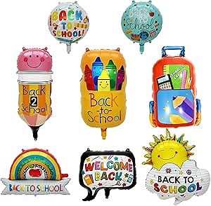8 Pcs Back to School Balloons Large School Bag Crayon Pencil Foil Balloons Welcome Back to School Party Decorations Kindergarten Back to School Mylar Balloons First Day of School Classroom Decorations