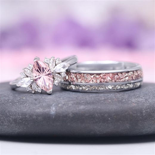 Marquise Morganite Couples Ring Set- His and Hers Unique Matching Wedding Bands- Sterling Silver/tungsten- Fantasy Cut Morganite- Fairycore - Etsy