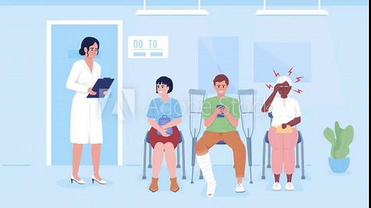 Animated patient flow illustration. Female doctor managing hospital queue. Looped flat color 2D cartoon characters animation video in HD with hospital interior on transparent background