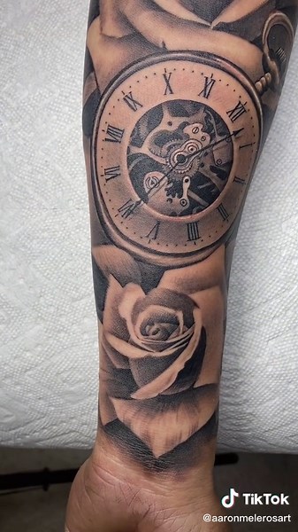 Rose and Compass Clock Tattoo Sleeve in Tolleson, Arizona