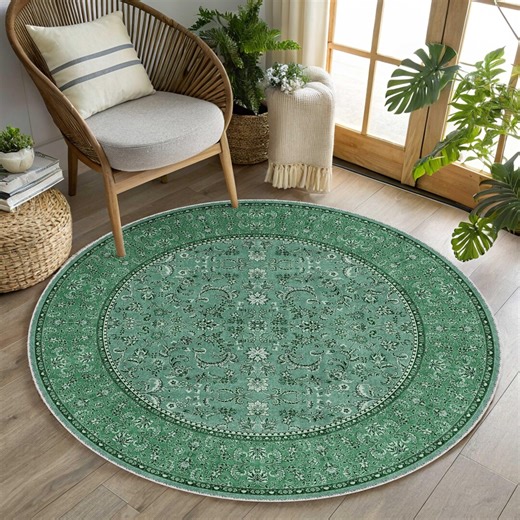 Round Oriental Rug, Forest Green Rustic Rug, Boho Chic Floral, Ottoman Carpet, Non-Slip