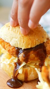 I love a good chicken slider, and this is how easy it is to make. Save and share this recipe for future reference. For the chicken: Mix 1 1/2 cups all purpose flour with 1 tsp each of paprika, turmeric powder, cumin powder, chili powder and garlic powder and 2 tsp of salt. Slice a chicken breast into 4 thin sections and then dip the chicken into the flour. Dip into beaten eggs and then go back in to dip into the seasoned flour. Repeat this process again for a nice crunch and then deep fry for 5-