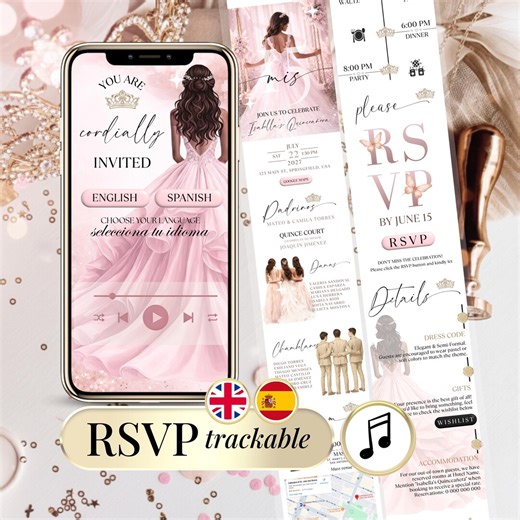 Elegant Pink Digital Quinceañera Invitation With RSVP Online | Sweet 15 & Sweet 16 Bilingual Spanish English Editable Canva Website - Etsy