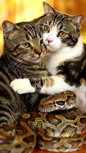 Cat wrapped around python, another cat tries to save the wrapped cat Abundance Meditation, Wealth.