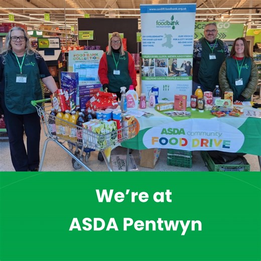 We're at Asda and ASDA Cardiff Bay today sharing shopping lists of our most-needed items to help make emergency food parcels for people in crisis across Cardiff. If you’re able to support us, please do — every donation makes a real difference. A huge thank you to the incredible volunteers from Wates and New Law Solicitors for giving their time and energy (and food donations) to support Cardiff Foodbank. 💚 | Cardiff Foodbank