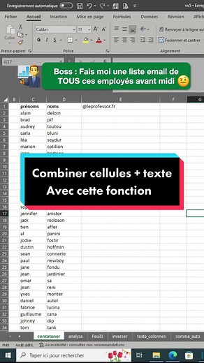 Combine n’importe quelle cellule et zone de texte avec la fonction CONCAT #excel #raccourci #rapide #astuce #learnontiktok