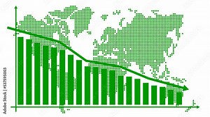 Animated chart of financial decline with a trend line chart. Recession global economic. Economic crisis, recession, decrease graph. green world map with bar chart. Profit down. Looped video. Vector il