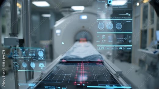 Medium frame showing an intelligent patient positioning system at work during MRI preparation with focus on sensor panels and motion markers background slightly out of focus.