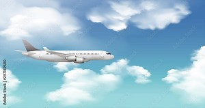 Cartoon clouds panorama with airplane