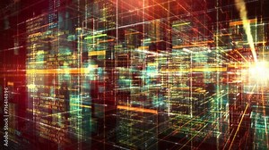 Animated virtual space filled with code snippets.