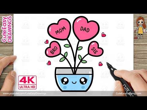 How to Draw Cute Heart Flowers Family Plant | Easy Kawaii Flower Drawing for Kids & Toddlers