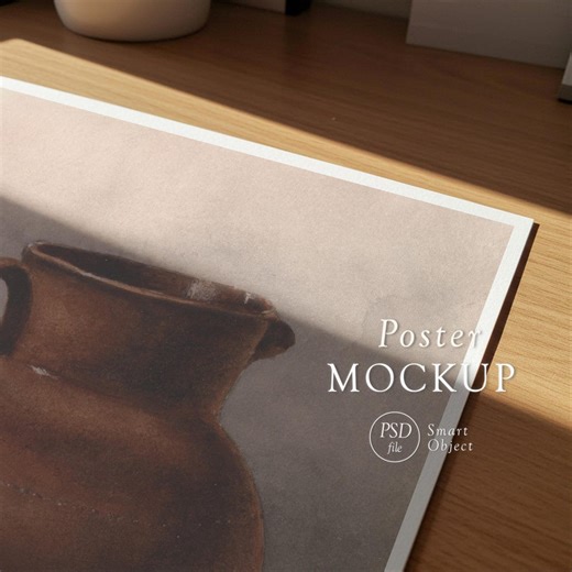 Close up Paper Mockup: Textured Poster Paper on Table for Realistic Artwork Display, PSD Smart Object, Photoshop Template, Photopea. - Etsy