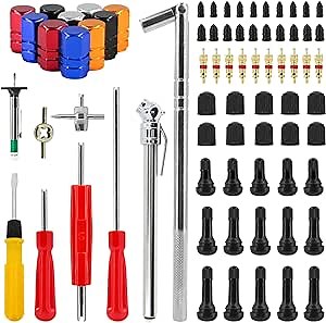74pcs Valve Stem Removal Tool,Tire Snap,4 Way Valve Core Remover,Tire Pressure Gauge Pen, Tire Tread Depth Gauge,Dust Proof Tire Cap,Puller Installer Tool