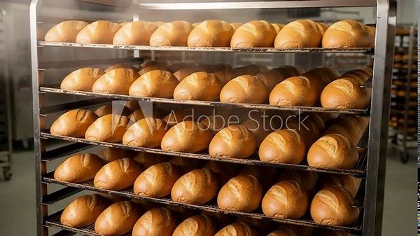 Fresh bread rolls are taken out of the oven and organized on racks for cooling in a busy kitchen at night