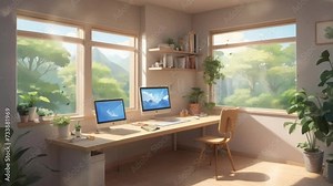 study room with a modern concept. Cartoon or anime watercolor painting illustration style. seamless looping virtual video animation background.
