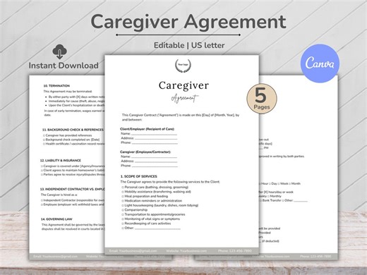 Caregiver Agreement Template, Caregiver Form, Caregiver Schedule, Employment Agreement, Homecare Documents, Personal Care Service Agreement - Etsy
