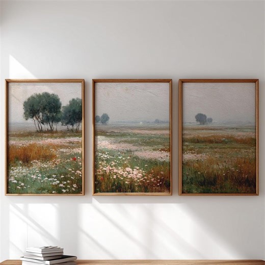 Vintage Pastoral Triptych Art Set, 3 Triptych Digital Prints of Meadow Wildflowers, Farmhouse Gallery Wall Art, Instant Digital Download 85 - Etsy