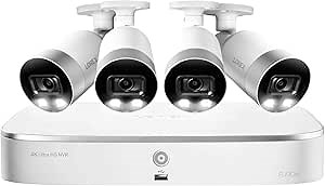 Lorex 4K HD Indoor/Outdoor Wired NVR Security Camera System, Ultra HD Metal Bullet Cameras with Motion Detection, Color Night Vision & Smart Home Compatibility, 2TB 8 Channel NVR, 4 Cameras