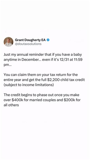 Grant Dougherty, EA on Instagram: "This is one of those common topics that always gets discussed around this time of year. Yes, if you have your baby any time in the year then you can claim them on your tax returns for the entire year. The same applies, in many situations, to your filing status in regard to married individuals. If you end the year married then you can file a joint return, but if you start off married and then end single then you file a single return. #realestateinvesting #reales