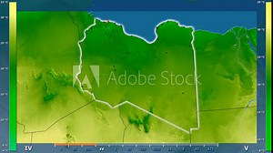 Average temperature by month in the Libya area with animated legend - glowing shape, administrative borders, main cities, capital. Stereographic projection