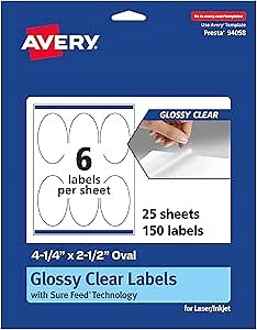 Avery Glossy Clear Oval Labels, Sure Feed Technology, 4.25" x 2.5", 150 Glossy Clear Labels, Laser/Inkjet Printable