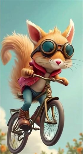 Steampunk flying bicycle in the air, powered by a cute squirrel with aviator goggles #3danimation