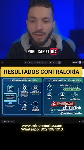 Está confirmado, los resultados del examen de la Contraloría General de la República serán publicados el día 27 de abril. Ten en cuenta que la reclamación sobre tus resultados la vas a poder realizar entre el 28 y el 30 de abril de 2026. #fecha #resultados #concurso #cgr #misionmerito
