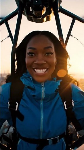 Woman flies with drone using humanoid drone.