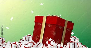 Large red gift box with snowflakes over animation of smaller gift boxes and stars