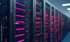 A close-up view of server racks illuminated by vibrant pink lights, advanced technology in a modern data center.
