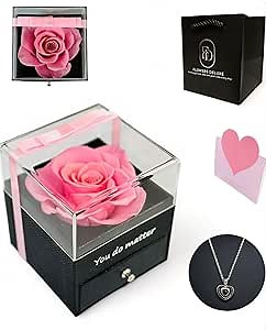 Pink Preserved Rose, Rose with Necklace Box, Box of Roses, Gifts for Her, Flower Birthday Gift, Preserved Rose with Necklace Pink, Preserved Flowers