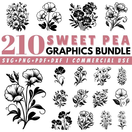 210 Sweet Pea Flower SVG Bundle: Botanical Floral Clipart, Garden Line Art (Commercial Use)