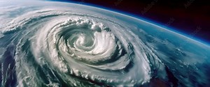 Massive Cyclone from Space View with Earth's Curve. An impressive cyclone swirls over Earth, its massive cloud formations captured from space, illustrating the scale and power of natural phenomena