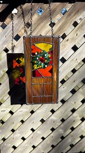 Fused glass, etched glass, stained glass and a little bit of paint making this little sweet holiday door | Sand and Fire Works