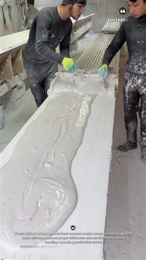 Inside a Concrete Panel Factory: Skilled Workers Spreading Wet Cement with Precision