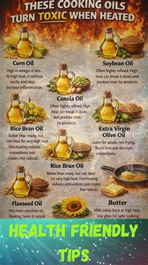 SHOCKING! THESE COOKING OILS TURN TOXIC WHEN HEATED When it comes to cooking, not all oils are created equal. Some oils, when heated to high temperatures, can turn toxic, causing inflammation, free radicals, and even heart issues. Here's a look at some of the most common oils you might use in your kitchen and why you should be cautious when cooking with them. Corn Oil – High in omega-6 fats, corn oil can easily oxidize at high temperatures, increasing inflammation in the body. Soybean Oil – Comm